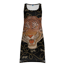 Платье-майка 3D с принтом Морда тигра в Новосибирске, 100% полиэстер | полуприлегающий силуэт, широкие бретели, круглый вырез горловины, удлиненный подол сзади. | Тематика изображения на принте: большая кошка | полосатый | тигр | тигрица | хищник