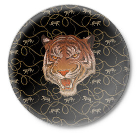 Значок с принтом Морда тигра в Новосибирске,  металл | круглая форма, металлическая застежка в виде булавки | Тематика изображения на принте: большая кошка | полосатый | тигр | тигрица | хищник