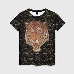 Женская футболка 3D с принтом Морда тигра в Новосибирске, 100% полиэфир ( синтетическое хлопкоподобное полотно) | прямой крой, круглый вырез горловины, длина до линии бедер | Тематика изображения на принте: большая кошка | полосатый | тигр | тигрица | хищник