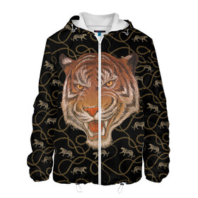 Мужская куртка 3D с принтом Морда тигра в Новосибирске, ткань верха — 100% полиэстер, подклад — флис | прямой крой, подол и капюшон оформлены резинкой с фиксаторами, два кармана без застежек по бокам, один большой потайной карман на груди. Карман на груди застегивается на липучку | Тематика изображения на принте: большая кошка | полосатый | тигр | тигрица | хищник
