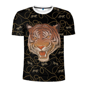 Мужская футболка 3D спортивная с принтом Морда тигра в Новосибирске, 100% полиэстер с улучшенными характеристиками | приталенный силуэт, круглая горловина, широкие плечи, сужается к линии бедра | Тематика изображения на принте: большая кошка | полосатый | тигр | тигрица | хищник