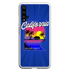 Чехол для Honor 20 с принтом California golden coast в Новосибирске, Силикон | Область печати: задняя сторона чехла, без боковых панелей | Тематика изображения на принте: california | golden coast | гризли | закат | калифорния | медведь | пальмы | природа