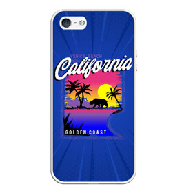 Чехол для iPhone 5/5S матовый с принтом California golden coast в Новосибирске, Силикон | Область печати: задняя сторона чехла, без боковых панелей | Тематика изображения на принте: california | golden coast | гризли | закат | калифорния | медведь | пальмы | природа