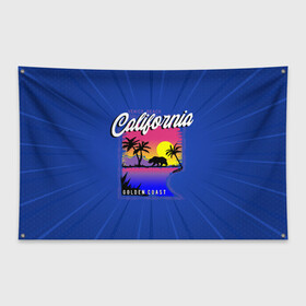 Флаг-баннер с принтом California golden coast в Новосибирске, 100% полиэстер | размер 67 х 109 см, плотность ткани — 95 г/м2; по краям флага есть четыре люверса для крепления | Тематика изображения на принте: california | golden coast | гризли | закат | калифорния | медведь | пальмы | природа