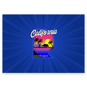 Поздравительная открытка с принтом California golden coast в Новосибирске, 100% бумага | плотность бумаги 280 г/м2, матовая, на обратной стороне линовка и место для марки
 | Тематика изображения на принте: california | golden coast | гризли | закат | калифорния | медведь | пальмы | природа