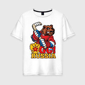 Женская футболка хлопок Oversize с принтом Хоккей. Вперед Россия. в Новосибирске, 100% хлопок | свободный крой, круглый ворот, спущенный рукав, длина до линии бедер
 | hockey | russia | клюшка | краснаямашина | россия | сборная | хоккей | шайба