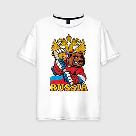 Женская футболка хлопок Oversize с принтом Хоккей. Вперед Россия. в Новосибирске, 100% хлопок | свободный крой, круглый ворот, спущенный рукав, длина до линии бедер
 | hockey | russia | клюшка | краснаямашина | россия | сборная | хоккей | шайба