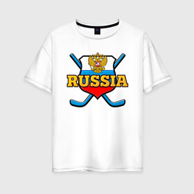 Женская футболка хлопок Oversize с принтом Хоккей. Россия. в Новосибирске, 100% хлопок | свободный крой, круглый ворот, спущенный рукав, длина до линии бедер
 | hockey | russia | клюшка | краснаямашина | россия | сборная | хоккей | шайба