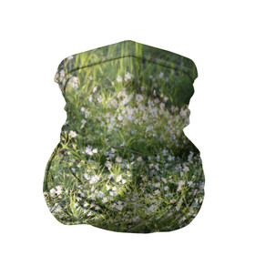 Бандана-труба 3D с принтом луг белых колокольциков в Новосибирске, 100% полиэстер, ткань с особыми свойствами — Activecool | плотность 150‒180 г/м2; хорошо тянется, но сохраняет форму | Тематика изображения на принте: белые колокольчики | весна | колокольчики | лето | луг | первоцветы | цветение | цветущий луг | цветы