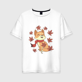 Женская футболка хлопок Oversize с принтом Осенний милый котик и листопад в Новосибирске, 100% хлопок | свободный крой, круглый ворот, спущенный рукав, длина до линии бедер
 | art | autumn | cat | cats | cute | fall | kawaii | kitten | kitty | leaf fall | pussycat | арт | в шарфике | иллюстрация | кавайи | кавайный кот | клен | кленовые листья | котенок | коты | котята | листья | милота | осень | рисунок | рыжий ко