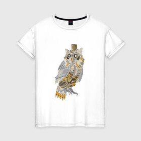 Женская футболка хлопок с принтом Стимпанк сова в Новосибирске, 100% хлопок | прямой крой, круглый вырез горловины, длина до линии бедер, слегка спущенное плечо | animal | bird | fly | horror | owl | scary | steampunk | болты | животные | механизм | механика | очки | птица | сова | стимпанк | шестерни