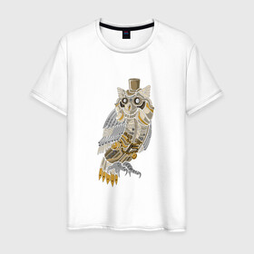 Мужская футболка хлопок с принтом Стимпанк сова в Новосибирске, 100% хлопок | прямой крой, круглый вырез горловины, длина до линии бедер, слегка спущенное плечо. | animal | bird | fly | horror | owl | scary | steampunk | болты | животные | механизм | механика | очки | птица | сова | стимпанк | шестерни