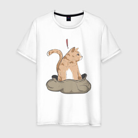 Мужская футболка хлопок с принтом Кот в мешке в Новосибирске, 100% хлопок | прямой крой, круглый вырез горловины, длина до линии бедер, слегка спущенное плечо. | cat | кот в мешке | кот из мема | рыжий котик | удивленный кошак