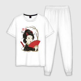 Мужская пижама хлопок с принтом Японская Гейша Винтажный арт в Новосибирске, 100% хлопок | брюки и футболка прямого кроя, без карманов, на брюках мягкая резинка на поясе и по низу штанин
 | art | geisha | girl | illustration | japan | japanese | kanji | kano | makeup | ukiyo e | арт | гравюра | девушка | иероглифы | иллюстрация | искусство | кандзи | картина | кимоно | макияж | мейкап | рисунок | укиё э | школа кано | я