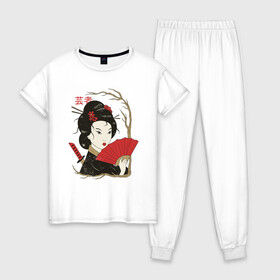 Женская пижама хлопок с принтом Японская Гейша Винтажный арт в Новосибирске, 100% хлопок | брюки и футболка прямого кроя, без карманов, на брюках мягкая резинка на поясе и по низу штанин | art | geisha | girl | illustration | japan | japanese | kanji | kano | makeup | ukiyo e | арт | гравюра | девушка | иероглифы | иллюстрация | искусство | кандзи | картина | кимоно | макияж | мейкап | рисунок | укиё э | школа кано | я