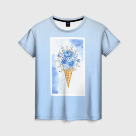Женская футболка 3D с принтом Цветочный холодок в Новосибирске, 100% полиэфир ( синтетическое хлопкоподобное полотно) | прямой крой, круглый вырез горловины, длина до линии бедер | градиент | мороженое | мрамор | облака | рожок | розы | цветы
