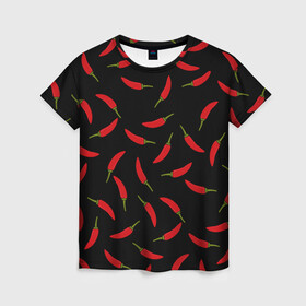 Женская футболка 3D с принтом Chili peppers в Новосибирске, 100% полиэфир ( синтетическое хлопкоподобное полотно) | прямой крой, круглый вырез горловины, длина до линии бедер | chili peppers | горячий | еда | овощ | острый | перец чили | узор