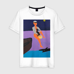 Мужская футболка хлопок с принтом Картина #1, Ческидов в Новосибирске, 100% хлопок | прямой крой, круглый вырез горловины, длина до линии бедер, слегка спущенное плечо. | Тематика изображения на принте: абстракция | акула | берег | женщина | кошка | лодка | луна