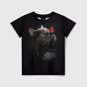 Детская футболка 3D с принтом Котик и бабочка в Новосибирске, 100% гипоаллергенный полиэфир | прямой крой, круглый вырез горловины, длина до линии бедер, чуть спущенное плечо, ткань немного тянется | Тематика изображения на принте: бабочка | бабочка на носу | животные | кот | котенок | кошка