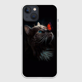 Чехол для iPhone 13 с принтом Котик и бабочка в Новосибирске,  |  | бабочка | бабочка на носу | животные | кот | котенок | кошка