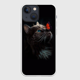 Чехол для iPhone 13 mini с принтом Котик и бабочка в Новосибирске,  |  | бабочка | бабочка на носу | животные | кот | котенок | кошка