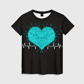 Женская футболка 3D с принтом стук сердца в Новосибирске, 100% полиэфир ( синтетическое хлопкоподобное полотно) | прямой крой, круглый вырез горловины, длина до линии бедер | в ритме сердца | геометрическое сердце | горячее сердце | огненное сердце | сердце