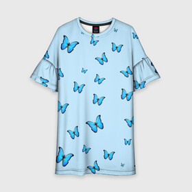 Детское платье 3D с принтом Синие бабочки в Новосибирске, 100% полиэстер | прямой силуэт, чуть расширенный к низу. Круглая горловина, на рукавах — воланы | blue | butterfly | emoji | smile | бабочки | насекомые | эмоджи