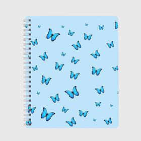 Тетрадь с принтом Синие бабочки в Новосибирске, 100% бумага | 48 листов, плотность листов — 60 г/м2, плотность картонной обложки — 250 г/м2. Листы скреплены сбоку удобной пружинной спиралью. Уголки страниц и обложки скругленные. Цвет линий — светло-серый
 | blue | butterfly | emoji | smile | бабочки | насекомые | эмоджи