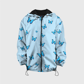 Детская куртка 3D с принтом Синие бабочки в Новосибирске, 100% полиэстер | застежка — молния, подол и капюшон оформлены резинкой с фиксаторами, по бокам — два кармана без застежек, один потайной карман на груди, плотность верхнего слоя — 90 г/м2; плотность флисового подклада — 260 г/м2 | blue | butterfly | emoji | smile | бабочки | насекомые | эмоджи