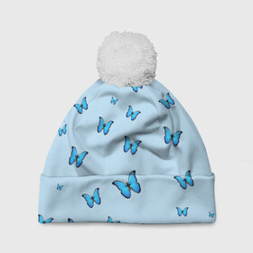 Шапка 3D c помпоном с принтом Синие бабочки в Новосибирске, 100% полиэстер | универсальный размер, печать по всей поверхности изделия | blue | butterfly | emoji | smile | бабочки | насекомые | эмоджи