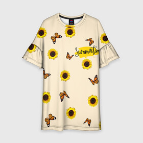 Детское платье 3D с принтом Butterflies and sunflowers в Новосибирске, 100% полиэстер | прямой силуэт, чуть расширенный к низу. Круглая горловина, на рукавах — воланы | butterfly | summer | sunflower | бабочки | лето | насекомые | подсолнух | цветы