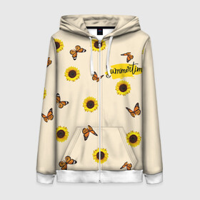 Женская толстовка 3D на молнии с принтом Butterflies and sunflowers в Новосибирске, 100% полиэстер | длина до линии бедра, манжеты и пояс оформлены мягкой тканевой резинкой, двухслойный капюшон со шнурком для регулировки, спереди молния, по бокам два кармана | butterfly | summer | sunflower | бабочки | лето | насекомые | подсолнух | цветы