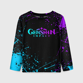 Детский лонгслив 3D с принтом GENSHIN IMPACT NEON LOGO в Новосибирске, 100% полиэстер | длинные рукава, круглый вырез горловины, полуприлегающий силуэт
 | Тематика изображения на принте: amber | anime | genshin impact | girl | jean | lisa | paimon | xiao | zelda | анемо | аниме | геншен импакт | геншин импакт | геншин эмпакт | геншинимпакт | девушка | игры | кли | лиза | паймон | пеймон | персонажи | сяо | тян