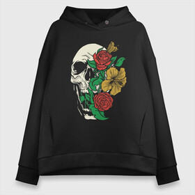 Женское худи Oversize хлопок с принтом Floral Roses Skull  в Новосибирске, френч-терри — 70% хлопок, 30% полиэстер. Мягкий теплый начес внутри —100% хлопок | боковые карманы, эластичные манжеты и нижняя кромка, капюшон на магнитной кнопке | Тематика изображения на принте: bones | cranium | flower | flowers | gothic | merch | rose | skeleton | skull merch | tattoo | букет | готика | кости | мерч | мистика | рисунок черепа | роза | розы | скелет | татуировка | ужасы | флора | цветы | чайные розы | череп | черепа с