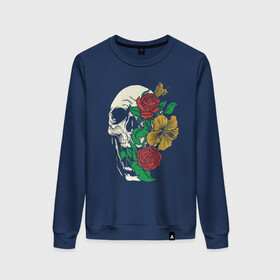 Женский свитшот хлопок с принтом Floral Roses Skull  в Новосибирске, 100% хлопок | прямой крой, круглый вырез, на манжетах и по низу широкая трикотажная резинка  | Тематика изображения на принте: bones | cranium | flower | flowers | gothic | merch | rose | skeleton | skull merch | tattoo | букет | готика | кости | мерч | мистика | рисунок черепа | роза | розы | скелет | татуировка | ужасы | флора | цветы | чайные розы | череп | черепа с