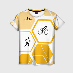 Женская футболка 3D с принтом Триатлон / Triathlon в Новосибирске, 100% полиэфир ( синтетическое хлопкоподобное полотно) | прямой крой, круглый вырез горловины, длина до линии бедер | ironman | tri | triathlon | бег | велосипед | велоспорт | выносливость | мультиспорт | плавание | сила | скорость | соты | спорт | три | триатлон | троеборье | цикличный