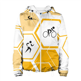 Женская куртка 3D с принтом Триатлон / Triathlon в Новосибирске, ткань верха — 100% полиэстер, подклад — флис | прямой крой, подол и капюшон оформлены резинкой с фиксаторами, два кармана без застежек по бокам, один большой потайной карман на груди. Карман на груди застегивается на липучку | ironman | tri | triathlon | бег | велосипед | велоспорт | выносливость | мультиспорт | плавание | сила | скорость | соты | спорт | три | триатлон | троеборье | цикличный