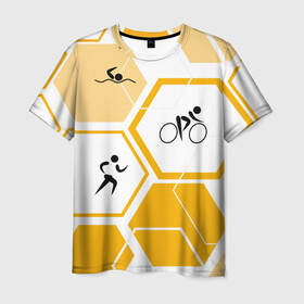 Мужская футболка 3D с принтом Триатлон / Triathlon в Новосибирске, 100% полиэфир | прямой крой, круглый вырез горловины, длина до линии бедер | ironman | tri | triathlon | бег | велосипед | велоспорт | выносливость | мультиспорт | плавание | сила | скорость | соты | спорт | три | триатлон | троеборье | цикличный