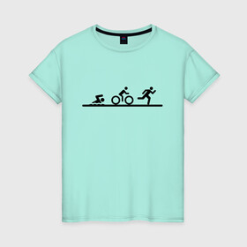 Женская футболка хлопок с принтом Троеборье в Новосибирске, 100% хлопок | прямой крой, круглый вырез горловины, длина до линии бедер, слегка спущенное плечо | Тематика изображения на принте: ironman | tri | triathlon | бег | велосипед | велоспорт | выносливость | мультиспорт | плавание | сила | скорость | спорт | три | триатлон | троеборье | цикличный