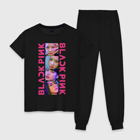 Женская пижама хлопок с принтом BLACKPINK Neon в Новосибирске, 100% хлопок | брюки и футболка прямого кроя, без карманов, на брюках мягкая резинка на поясе и по низу штанин | black | blackpink | chae | jennie | jisoo | kim | kpop | lalisa | lisa | manoban | neon | park | pink | rose | young | дженни | джису | ён | ким | лалиса | лиса | манобан | неон | пак | розэ | че