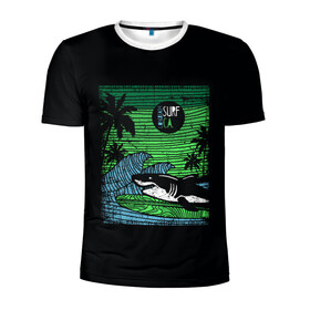 Мужская футболка 3D спортивная с принтом Surf shark в Новосибирске, 100% полиэстер с улучшенными характеристиками | приталенный силуэт, круглая горловина, широкие плечи, сужается к линии бедра | shark | акула | вода | море | океан | остров | отпуск | пальмы | серфинг