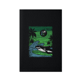 Обложка для паспорта матовая кожа с принтом Surf shark в Новосибирске, натуральная матовая кожа | размер 19,3 х 13,7 см; прозрачные пластиковые крепления | shark | акула | вода | море | океан | остров | отпуск | пальмы | серфинг