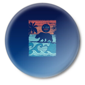 Значок с принтом Медведь на серфинге в Новосибирске,  металл | круглая форма, металлическая застежка в виде булавки | Тематика изображения на принте: волны | закат | медведь | море | океан | отдых | отпуск | пальмы | серфинг