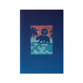 Обложка для паспорта матовая кожа с принтом Медведь на серфинге в Новосибирске, натуральная матовая кожа | размер 19,3 х 13,7 см; прозрачные пластиковые крепления | волны | закат | медведь | море | океан | отдых | отпуск | пальмы | серфинг