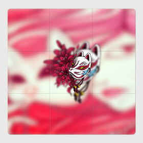 Магнитный плакат 3Х3 с принтом Японская маска лисы в Новосибирске, Полимерный материал с магнитным слоем | 9 деталей размером 9*9 см | Тематика изображения на принте: аниме | бубенчик | демон | лилия | лиса | маска | японская