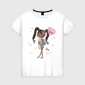 Женская футболка хлопок с принтом Милая Лола с котиком и шариком в Новосибирске, 100% хлопок | прямой крой, круглый вырез горловины, длина до линии бедер, слегка спущенное плечо | девушка | косички | кот | лола | любовь | малышка | милашка | мультяшка | сердце | шарик