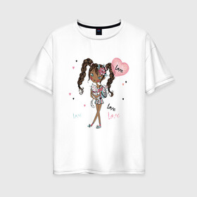 Женская футболка хлопок Oversize с принтом Милая Лола с котиком и шариком в Новосибирске, 100% хлопок | свободный крой, круглый ворот, спущенный рукав, длина до линии бедер
 | девушка | косички | кот | лола | любовь | малышка | милашка | мультяшка | сердце | шарик