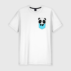 Мужская футболка хлопок Slim с принтом Панда милашка в кармашке в Новосибирске, 92% хлопок, 8% лайкра | приталенный силуэт, круглый вырез ворота, длина до линии бедра, короткий рукав | Тематика изображения на принте: животное | карман | малышка | медведь | милашка