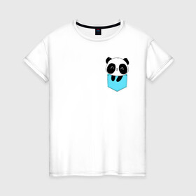 Женская футболка хлопок с принтом Панда милашка в кармашке в Новосибирске, 100% хлопок | прямой крой, круглый вырез горловины, длина до линии бедер, слегка спущенное плечо | животное | карман | малышка | медведь | милашка