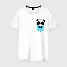 Мужская футболка хлопок с принтом Панда милашка в кармашке в Новосибирске, 100% хлопок | прямой крой, круглый вырез горловины, длина до линии бедер, слегка спущенное плечо. | животное | карман | малышка | медведь | милашка